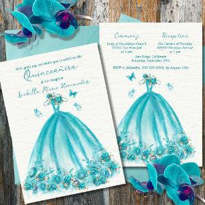Elegant Turquoise Floral Butterflies Quinceañera