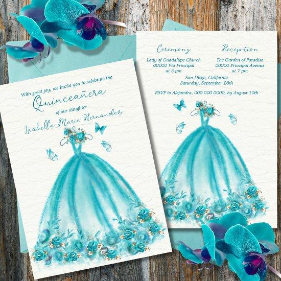 Elegant Turquoise Floral Butterflies Quinceañera