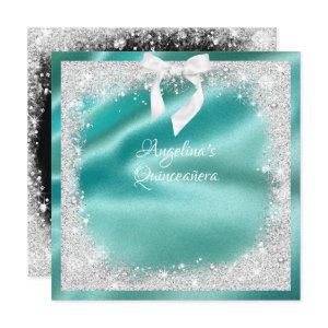 Elegant Turquoise Satin, Silv Glitter, Quinceanera