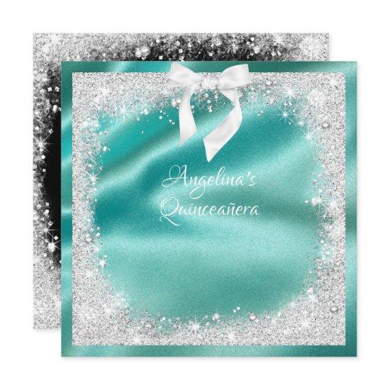 Elegant Turquoise Satin, Silv Glitter, Quinceanera