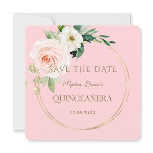 Elegant Unique Blush Cream Floral Gold Quinceañera Save The Date
