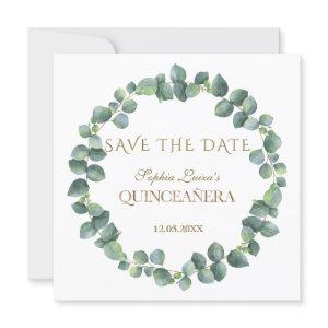 Elegant Unique Eucalyptus Foliage Gold Quinceañera Save The Date