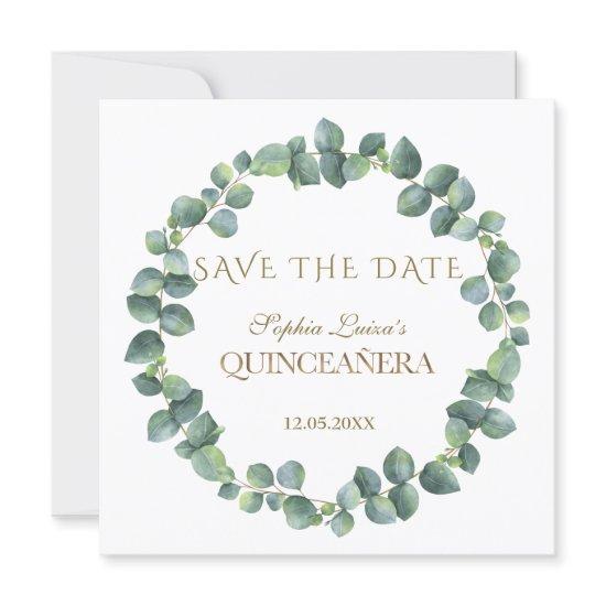 Elegant Unique Eucalyptus Foliage Gold Quinceañera Save The Date