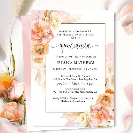 Elegant, Unique Pink Watercolor Floral Quinceañera
