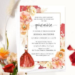 Elegant, Unique Red Floral Princess Quinceañera