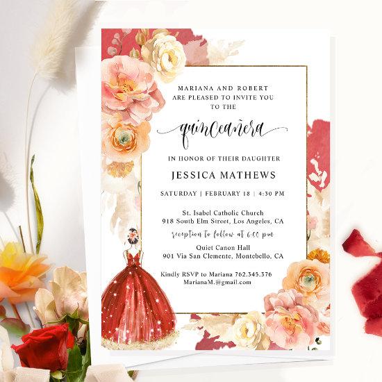 Elegant, Unique Red Floral Princess Quinceañera