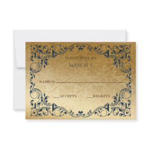 Elegant Vintage Blue Gold  RSVP Card