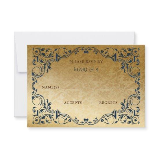 Elegant Vintage Blue Gold  RSVP Card