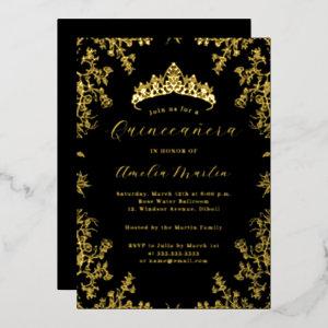 Elegant Vintage Floral Gold Black Quinceanera  Foil