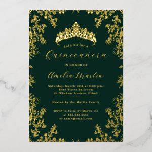 Elegant Vintage Floral Gold Emerald Quinceanera  Foil