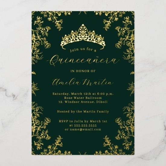 Elegant Vintage Floral Gold Emerald Quinceanera  Foil