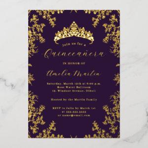 Elegant Vintage Floral Gold Purple Quinceanera  Foil