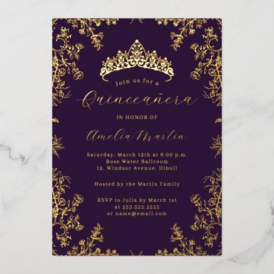 Elegant Vintage Floral Gold Purple Quinceanera  Foil