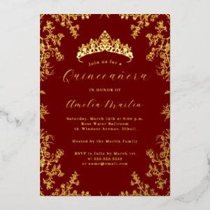 Elegant Vintage Floral Red Gold Quinceanera  Foil