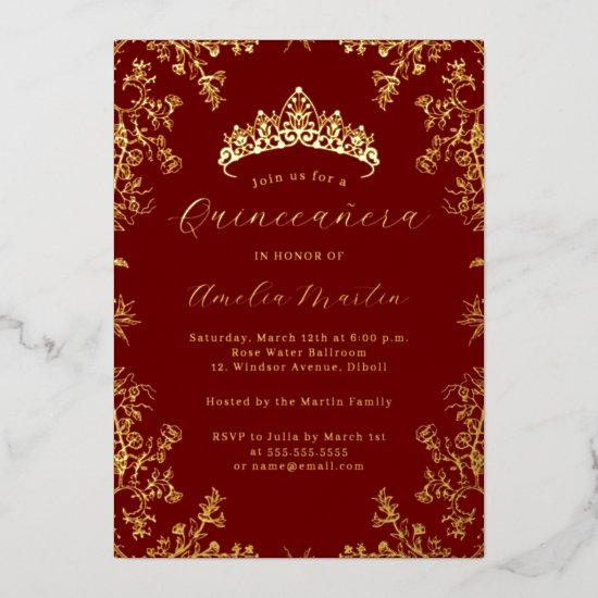 Elegant Vintage Floral Red Gold Quinceanera  Foil