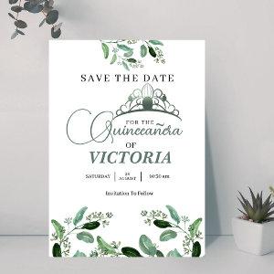Elegant Vintage Quinceañera Sage Green crown Save The Date
