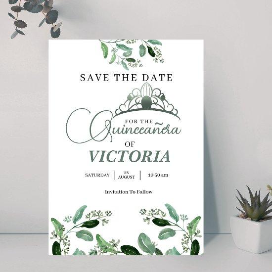 Elegant Vintage Quinceañera Sage Green crown Save The Date