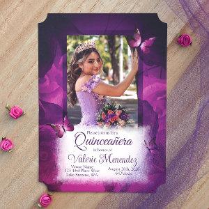 Elegant Violet Pink Roses, Butterflies Quinceanera