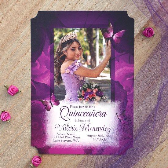 Elegant Violet Pink Roses, Butterflies Quinceanera