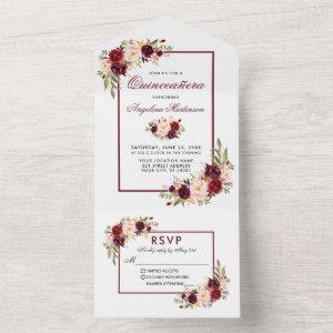 Elegant Watercolor Burgundy Floral Quinceanera  All In One