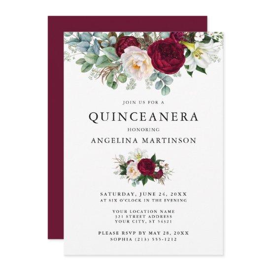 Elegant Watercolor Burgundy Floral Quinceanera