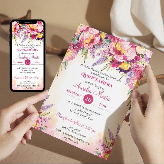 Elegant watercolor colorful flowers Quinceañera