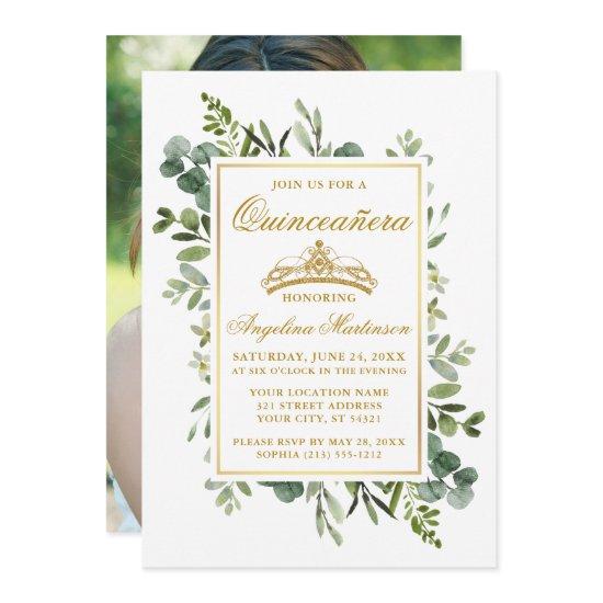 Elegant Watercolor Greenery Gold Quinceanera Photo