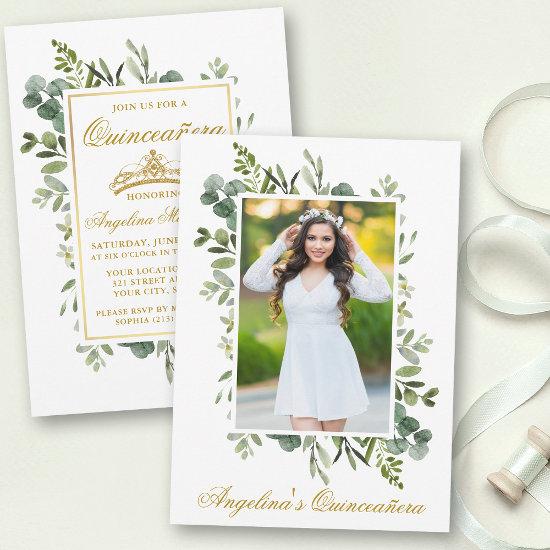 Elegant Watercolor Greenery Photo Quinceanera