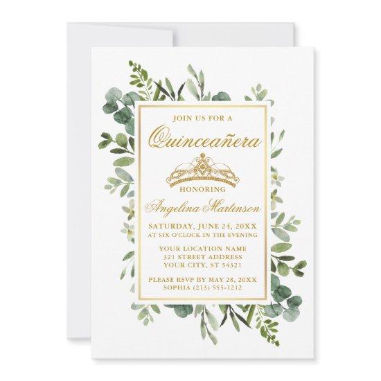 Elegant Watercolor Greenery Quinceanera Gold