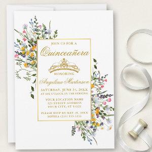 Elegant Watercolor Wildflowers Gold Quinceanera