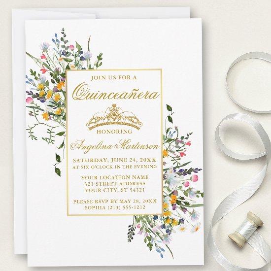 Elegant Watercolor Wildflowers Gold Quinceanera