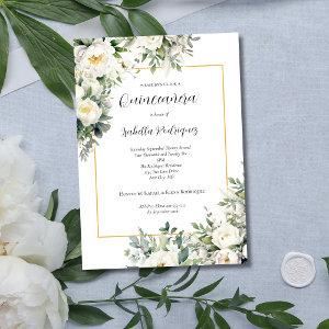 Elegant White Floral Gold Border Quinceañera
