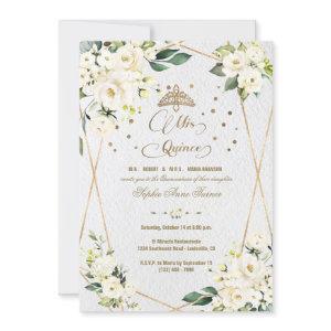 Elegant White Floral Gold Mis Quince Quinceañera