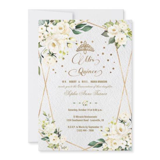 Elegant White Floral Gold Mis Quince Quinceañera