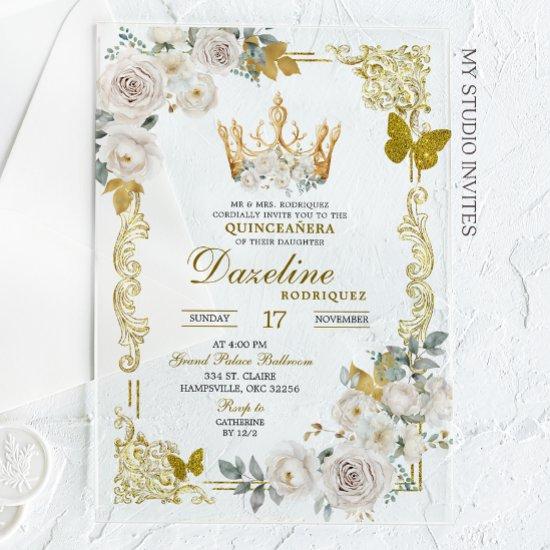Elegant White Gold Ivory Crown Quinceanera Acrylic