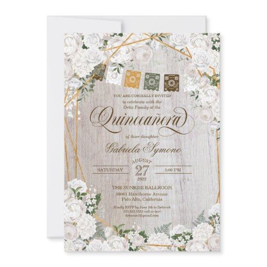 Elegant White Roses Western Rustic Quinceanera Inv