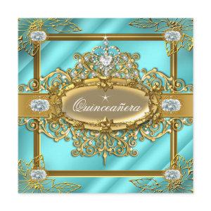 Elite Quinceanera Teal blue Gold Damask 15th