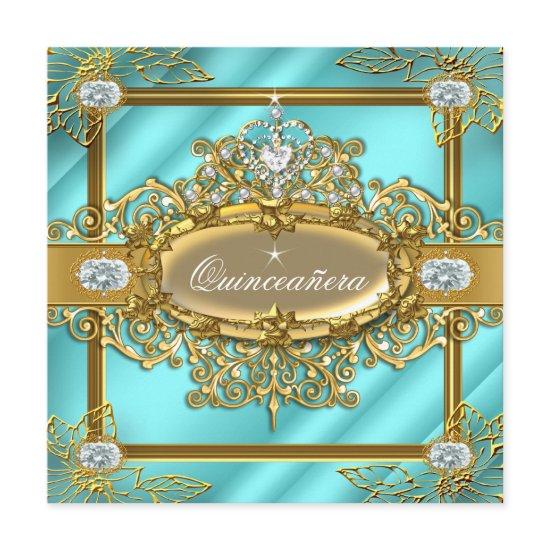 Elite Quinceanera Teal blue Gold Damask 15th