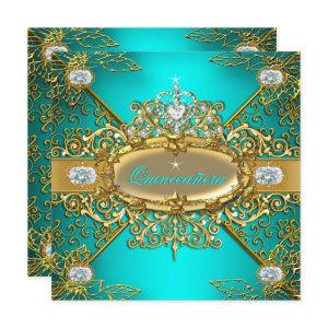 Elite Quinceanera Teal Blue Gold Damask 15th Party