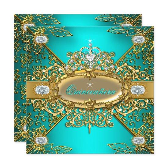 Elite Quinceanera Teal Blue Gold Damask 15th Party