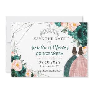 Emerald Blush Floral Twins Quinceanera Sweet 16 Save The Date