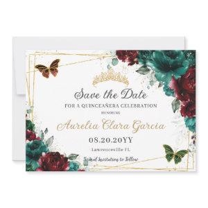 Emerald Burgundy Floral Quinceañera Sweet Sixteen  Save The Date