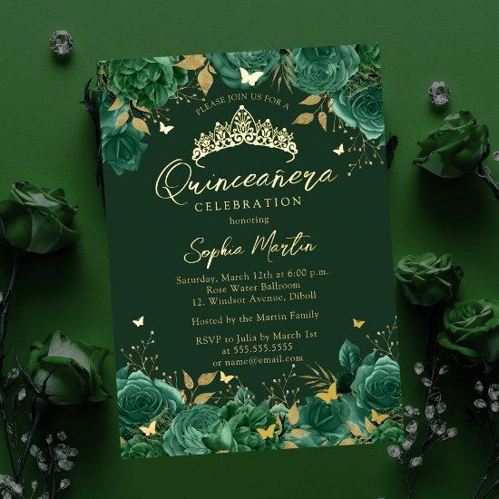 Emerald Enchanting Floral Butterfly Quinceanera Foil