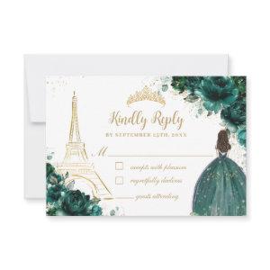 Emerald Floral Gold Paris Princess Quinceañera RSVP Card