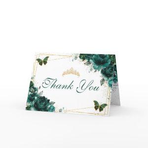 Emerald Floral Quinceañera Birthday Butterflies Thank You Card