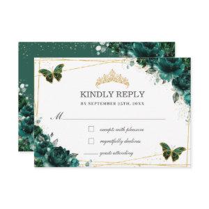 Emerald Floral Quinceañera Butterflies Reply  RSVP Card