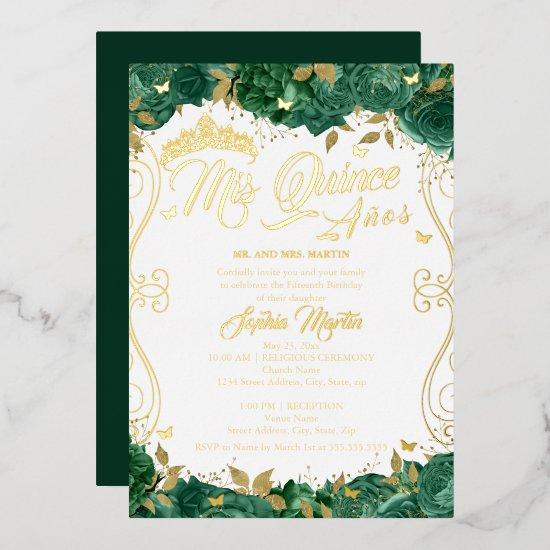 Emerald Floral Scroll Mis Quince Quinceanera  Foil