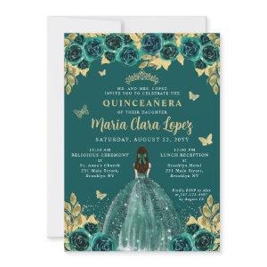 Emerald Gold Floral Butterfly Princess Quinceanera