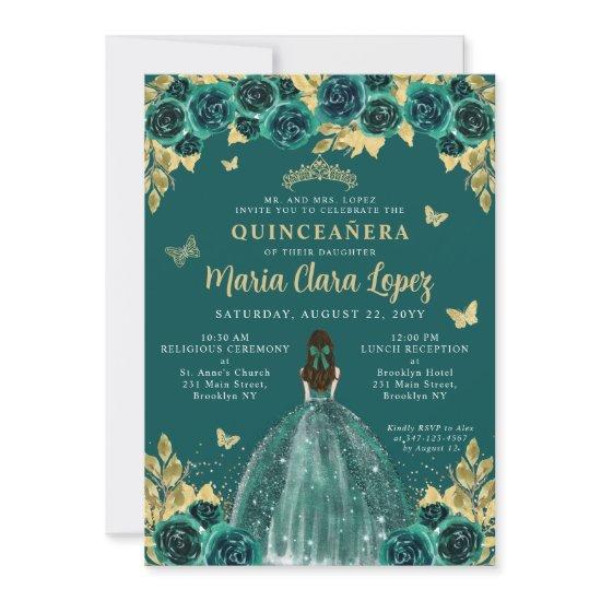 Emerald Gold Floral Butterfly Princess Quinceanera