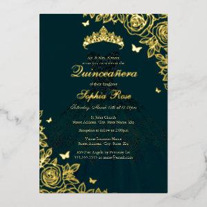 Emerald Gold Rose Dress Quinceanera Foil